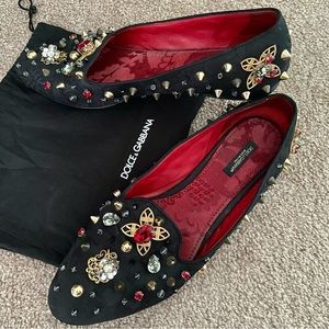 Dolce & Gabbana Black Embellished Red-Lined Flats